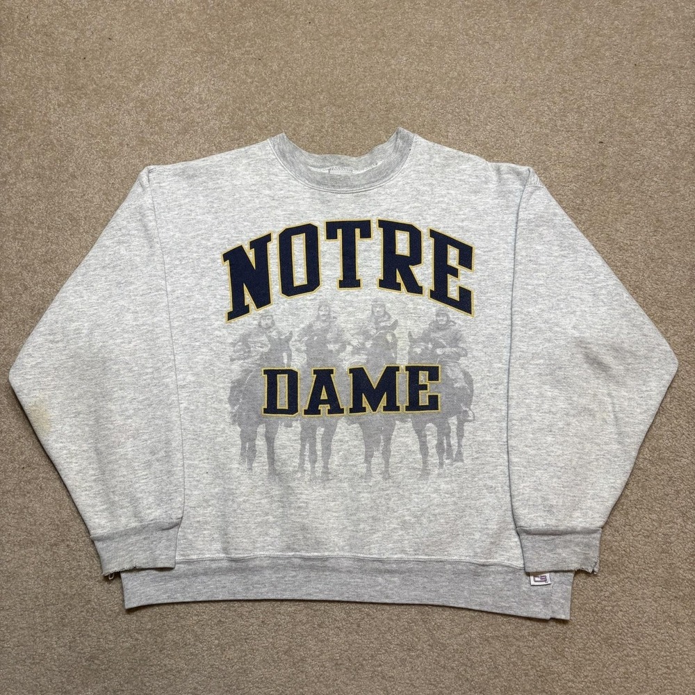 Vtg Notre Dame Fighting Irish Sweatshirt SZ L Gray Four Horsemen Graphic 90s